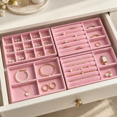 thumbnail image 3 of 4-Pack Jewelry Tray Drawer Organizer, Stackable Velvet Jewelry Storage Trays for Rings, Earrings, Necklaces and Bracelets, Pink, 8.27 x 4.92 in, 3 of 7