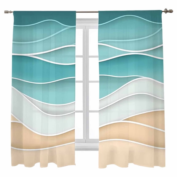 Sheer Curtains 63 inches Long, Teal Ripple Teal Wave Gradient Abstract Line Light Filtering Sheer Window Curtains Rod Pocket Voile Drapes for Bedroom Living Room, 52"W x 63"L 2 Panels