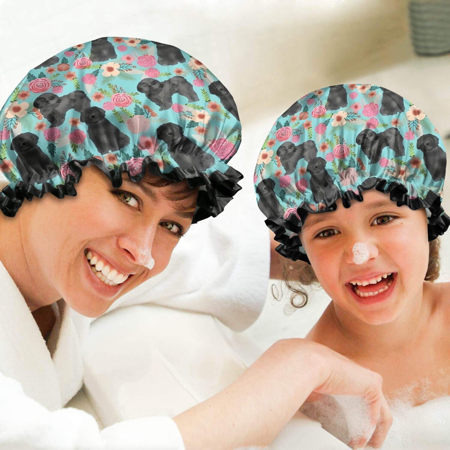 Shower Caps,Bichon Dog Blue Florals Waterproof Shower Cap for Women 4 Pieces,Double Reusable Hair Cover for Shower PEVA Elastic Stretch Hem