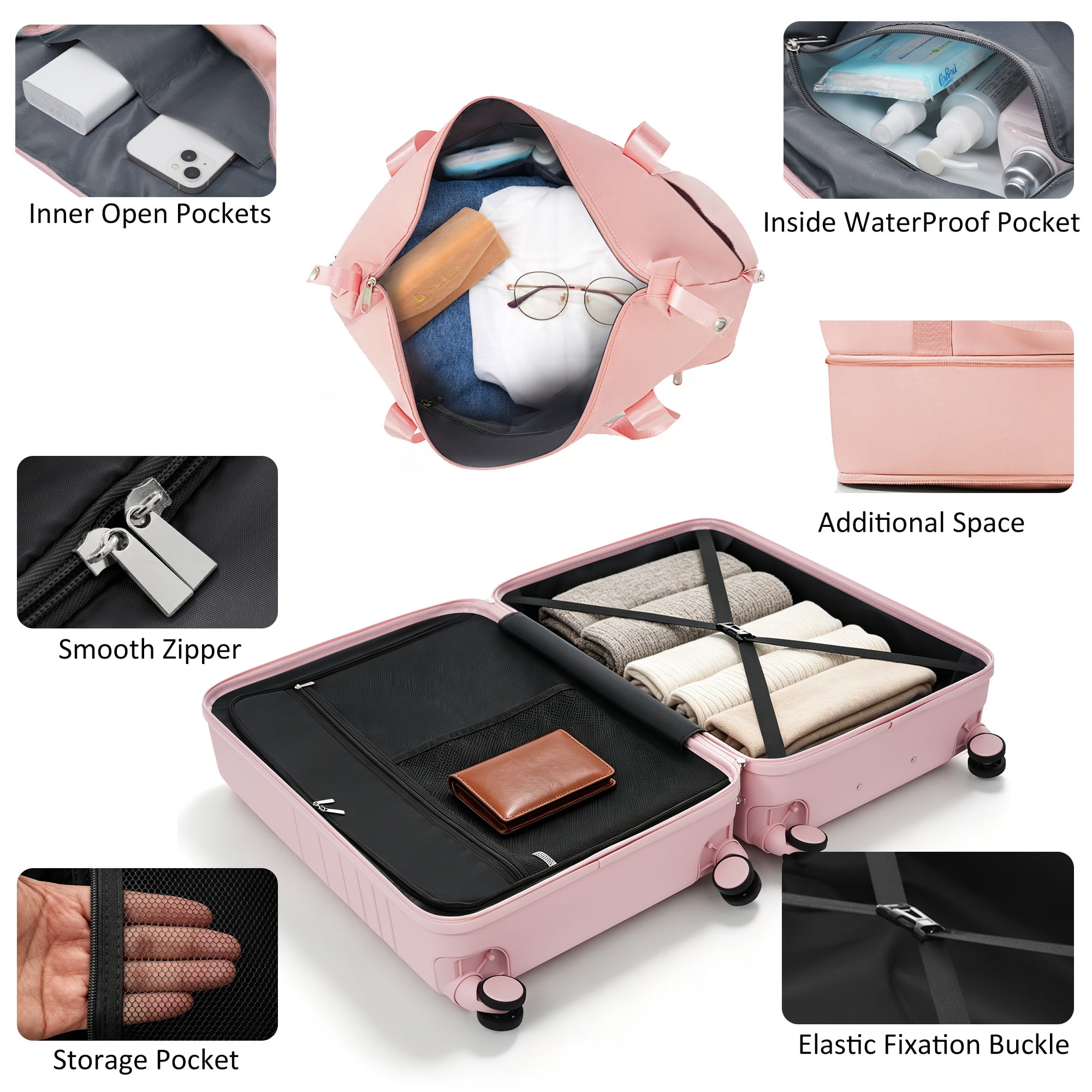 Euroco 4 Piece Luggage Sets, 20" Carry On Luggage with Front-Opening & Cup Holder, 20/28inch Hardside Suitcase Set with USB Charging Ports,TSA Lock & Spinner Wheels for Travel,Pink
