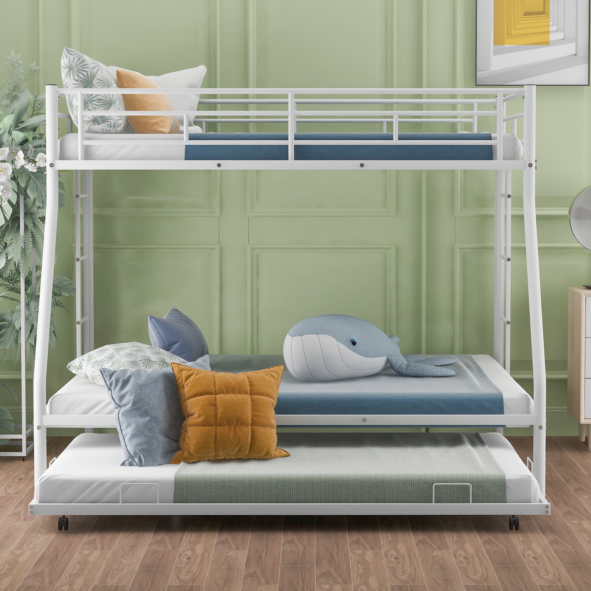 Euroco Metal Twin over Full Bunk Bed with Moveable Trundle & 2 Ladders for Bedroom, 3 Beds for Kids Teens Adults and Guests, White
