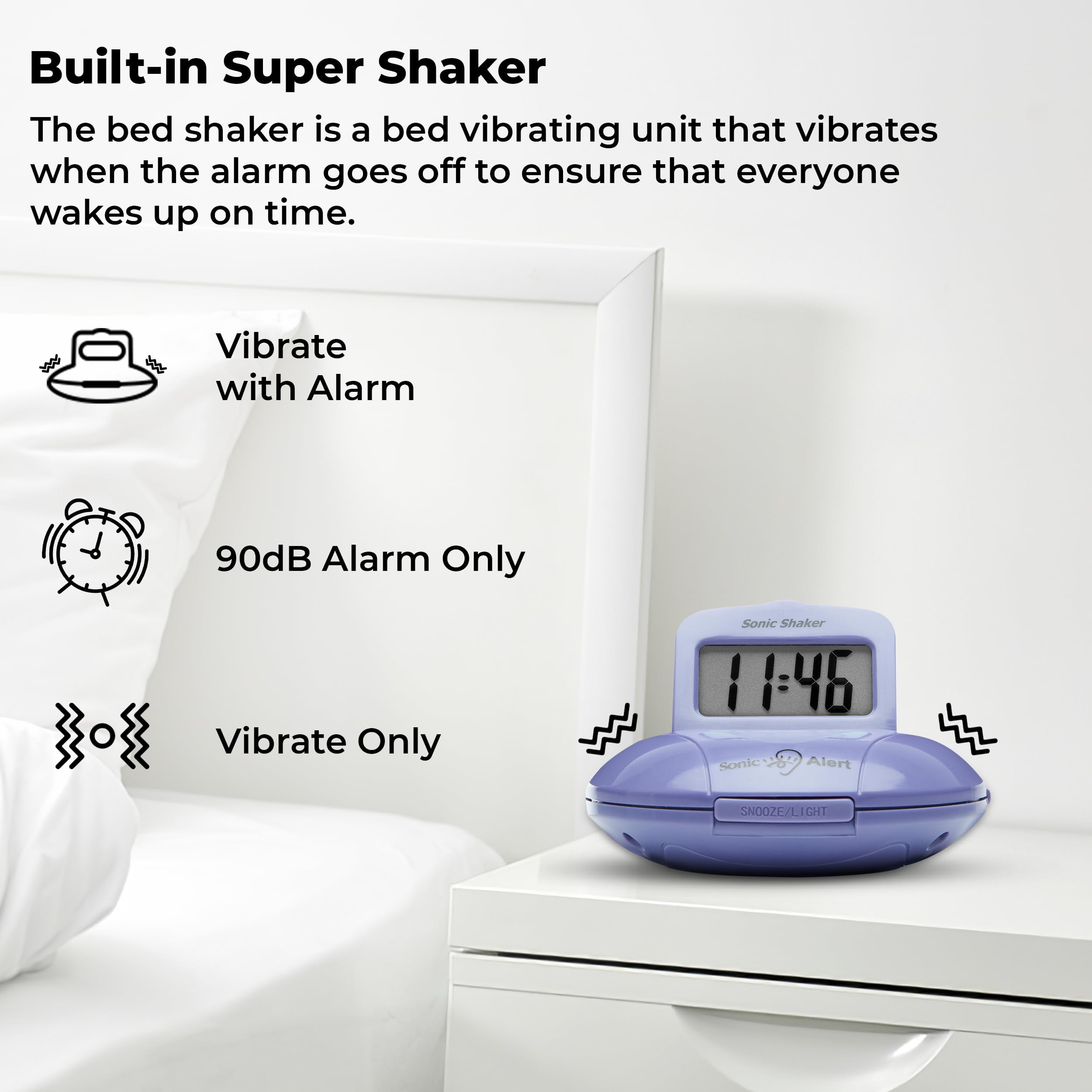 Sonic Alert - Sonic Shaker Super Loud Digital Alarm Clock for Heavy Sleepers, Portable Compact Design, Purple