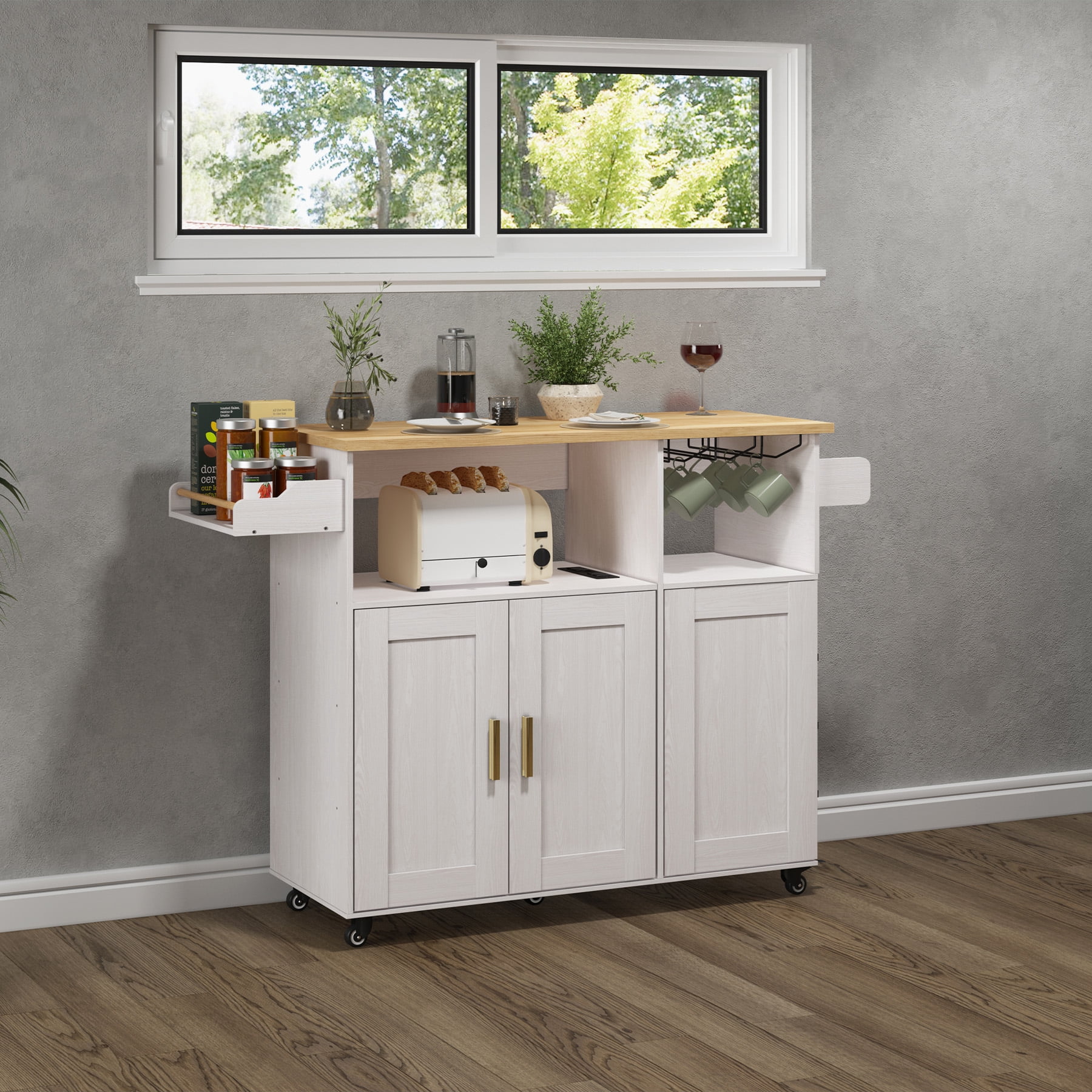 ZOPEND Rolling Mobile Kitchen Island Cart Bar, Island Cart with 5 Wheels, Power Socket and Towel Rack，White