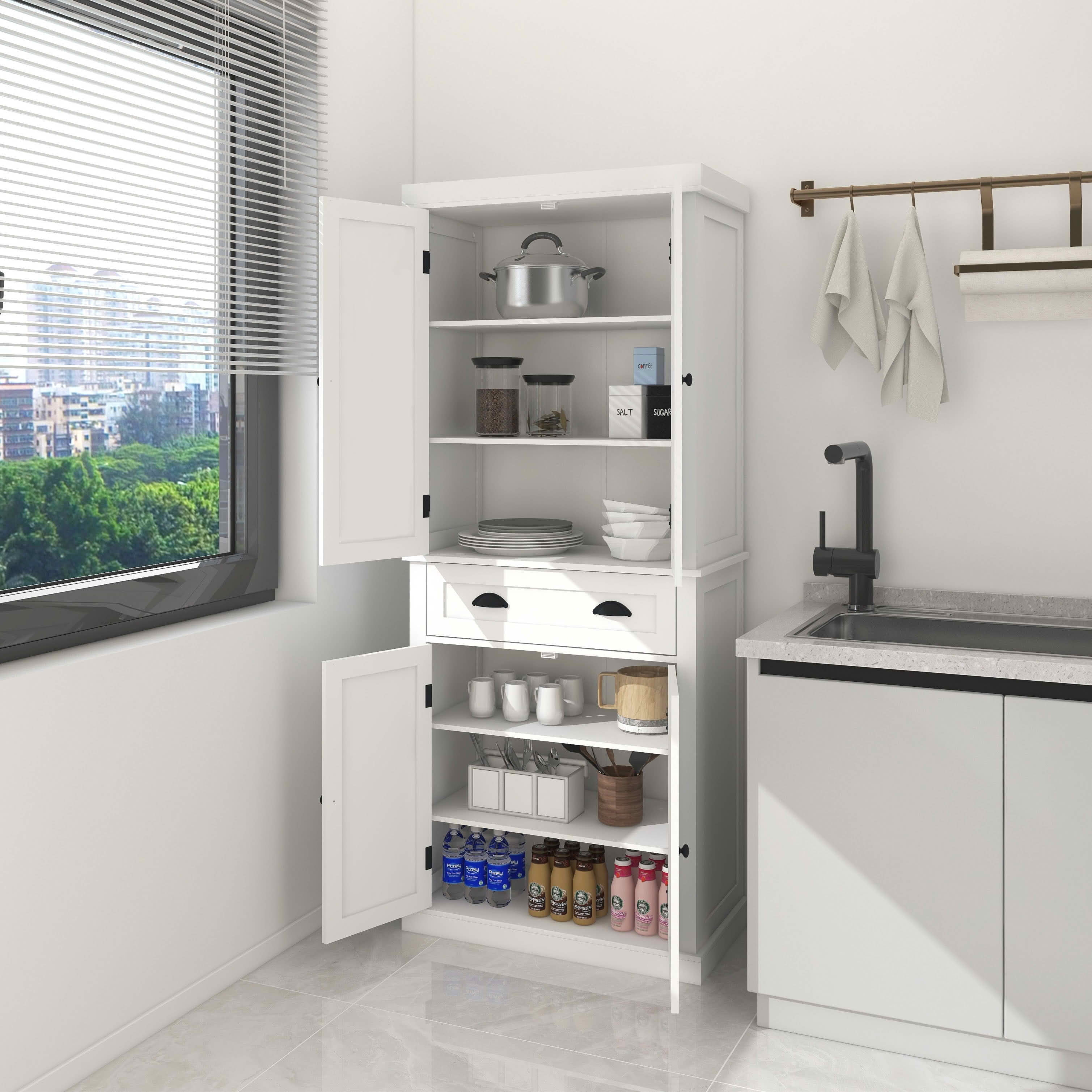 MAYEERTY 71-Inch Kitchen Pantry Storage Cabinet, Freestanding Cupboard with 4 Doors 1 Drawer 2 Adjustable Shelves White