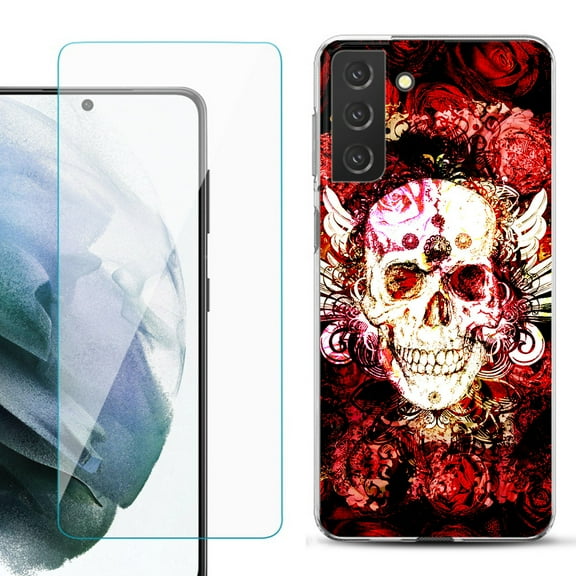 Slim-Fit TPU Fashion Phone Case for Samsung Galaxy S21 FE 5G Fan Edition, with Tempered Glass Screen Protector, by OneToughShield ® - Rose Skull
