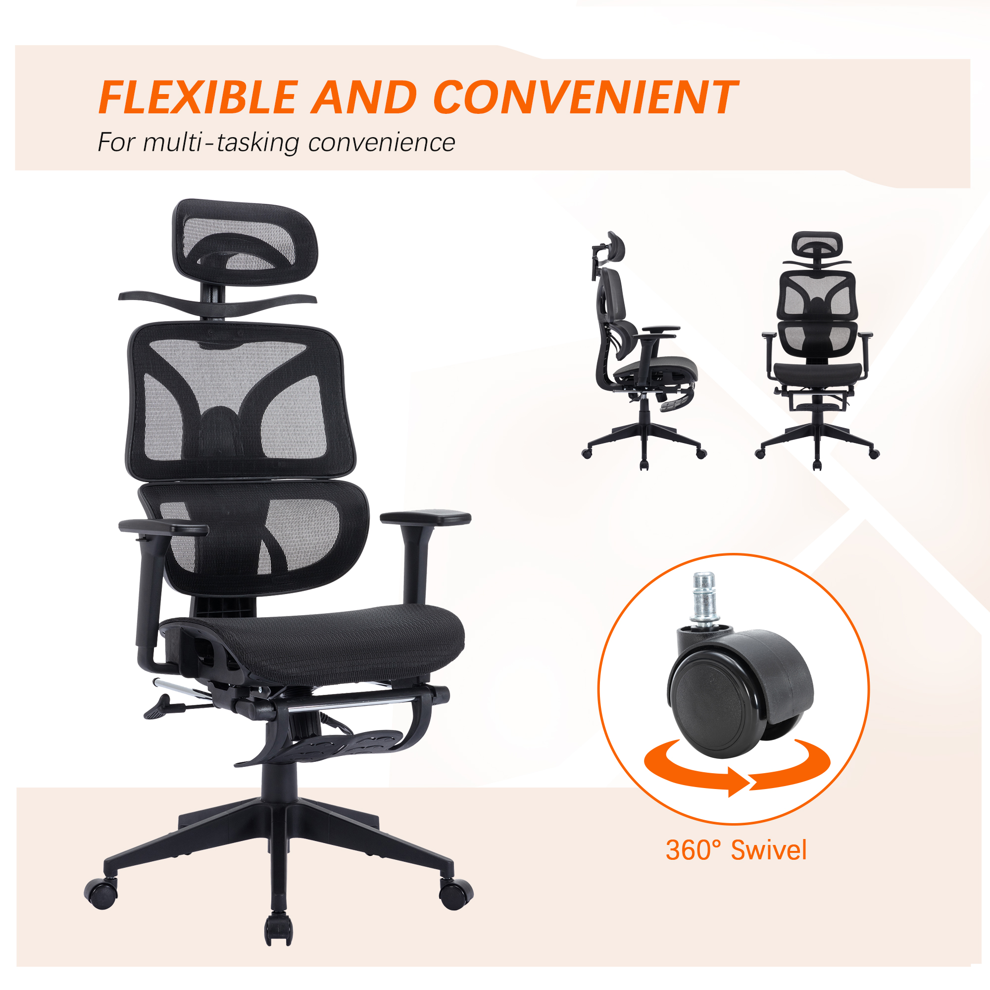 VECELO Foldable Office Chair, Ergonomic High-Back Mesh Rolling Work Swivel Computer Chair with Wheels, Comfortable Lumbar Support, Comfy Arms for Home, Gaming Room, Bedroom, Study, Student, Black