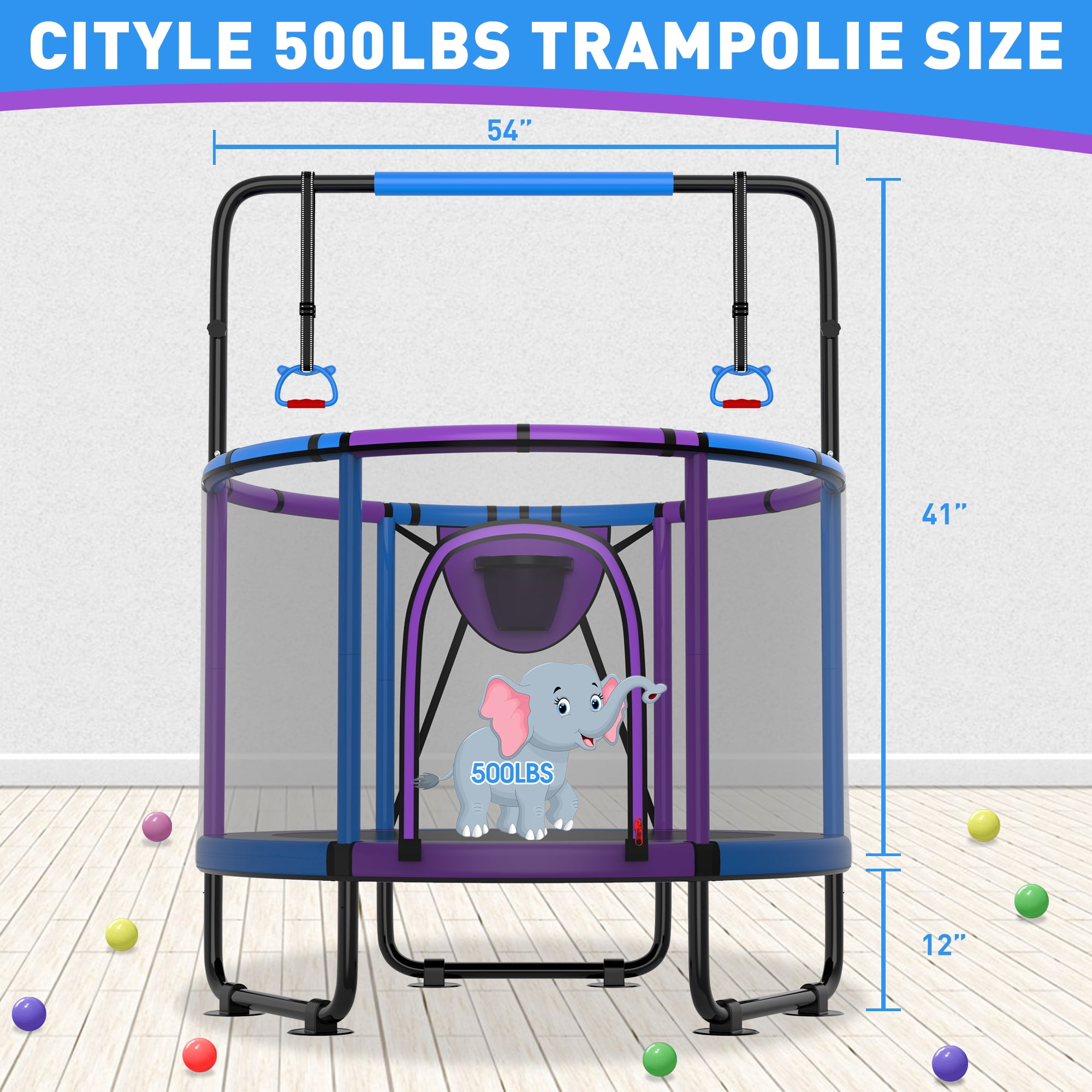 CITYLE Trampoline for Kids 500LBS 4.5FT Toddler Trampoline Indoor Outdoor with Basketball Hoop, Swing, Adjustable Bar, 54'' Mini Small Trampoline with Enclosure, Gifts for Toddlers, Boys & Girls