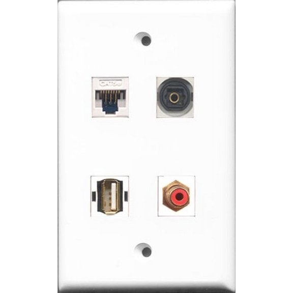 RiteAV 1 Port RCA Red and 1 Port USB A-A and 1 Port Toslink and 1 Port Cat5e Ethernet White Wall Plate