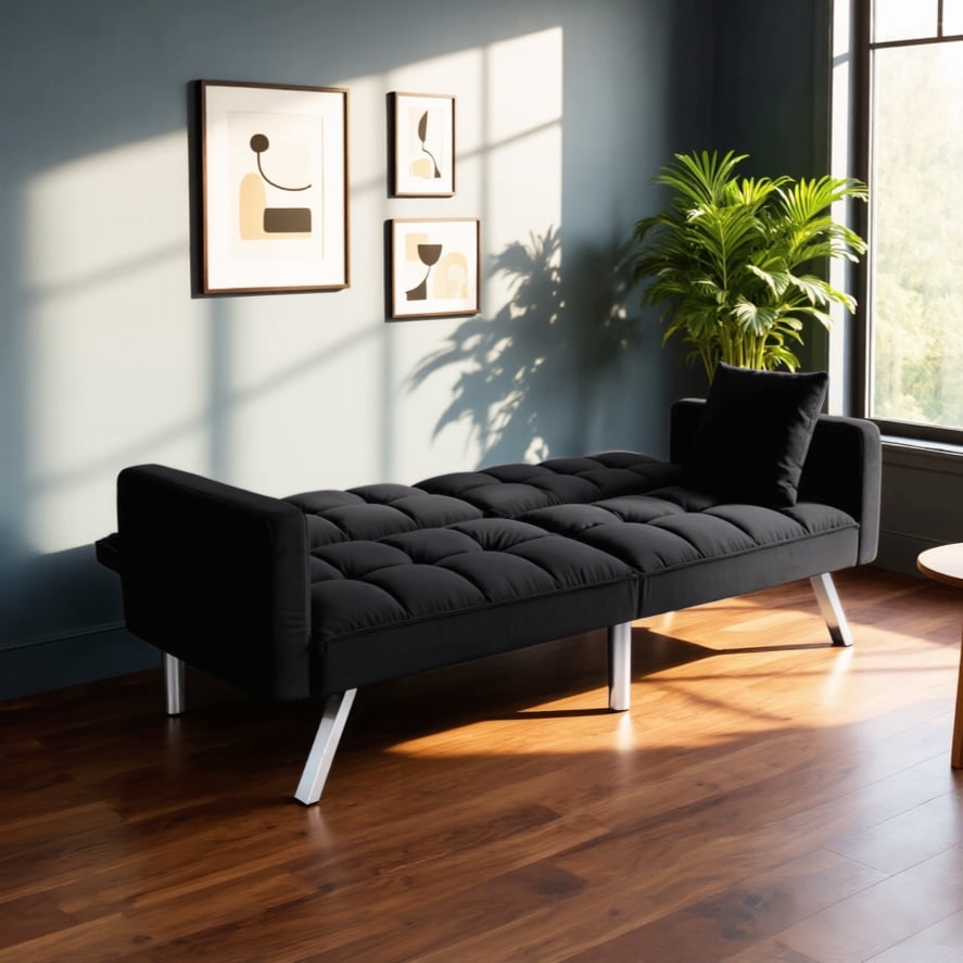 BSHTI Velvet Futon Sofa Bed 74” Convertible Sleeper – Split-Back 3-Position Adjustable, Solid Wood Frame, 2 Pillows, Easy Assembly, for Living Room Office Guest Room(Black)