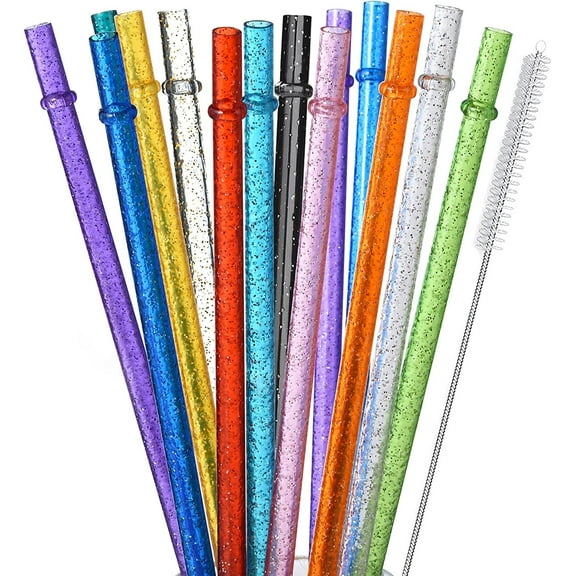 12-Pack Glitter Reusable Clear Plastic Straws, 11" Long Hard Tumbler Drinking Straws with Cleaning Brush