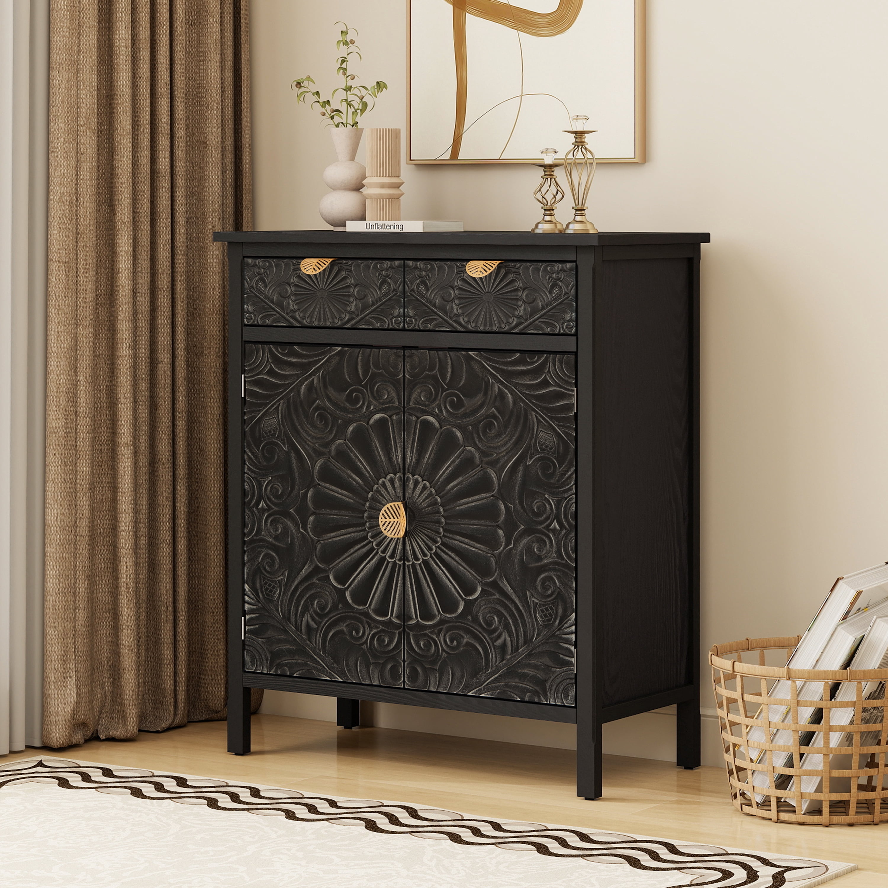Hand-Carved Accent Cabinet with Floral Embossed Drawer and Doors, Wooden Storage Cabinet and Sideboard with Gold Handles for Entryway Living Room, Black
