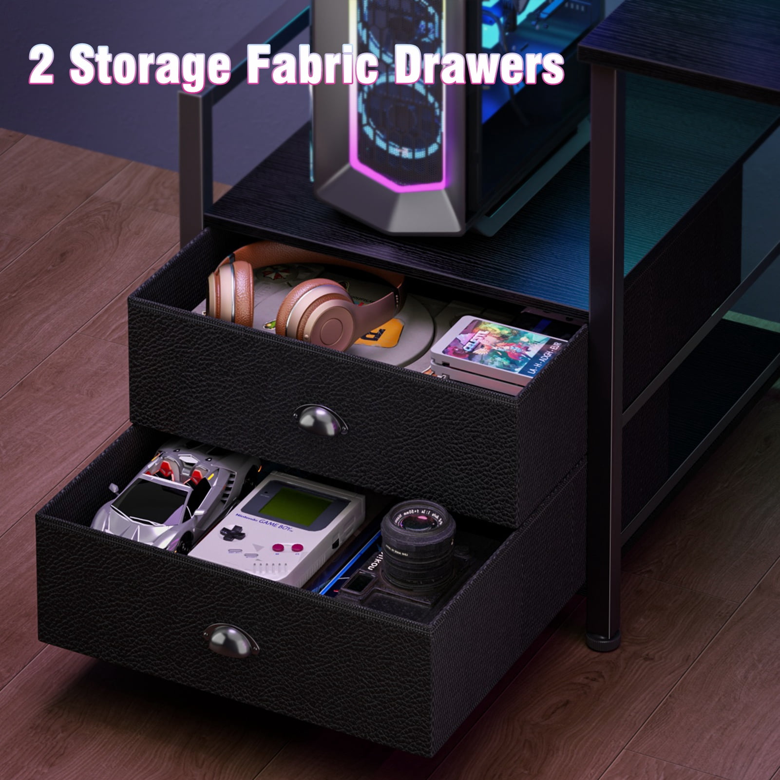 Satifur 66" L-Shaped Gaming Desk with LED Lights & Power Outlets, Computer Desk with Drawers & Printer Stand, Black