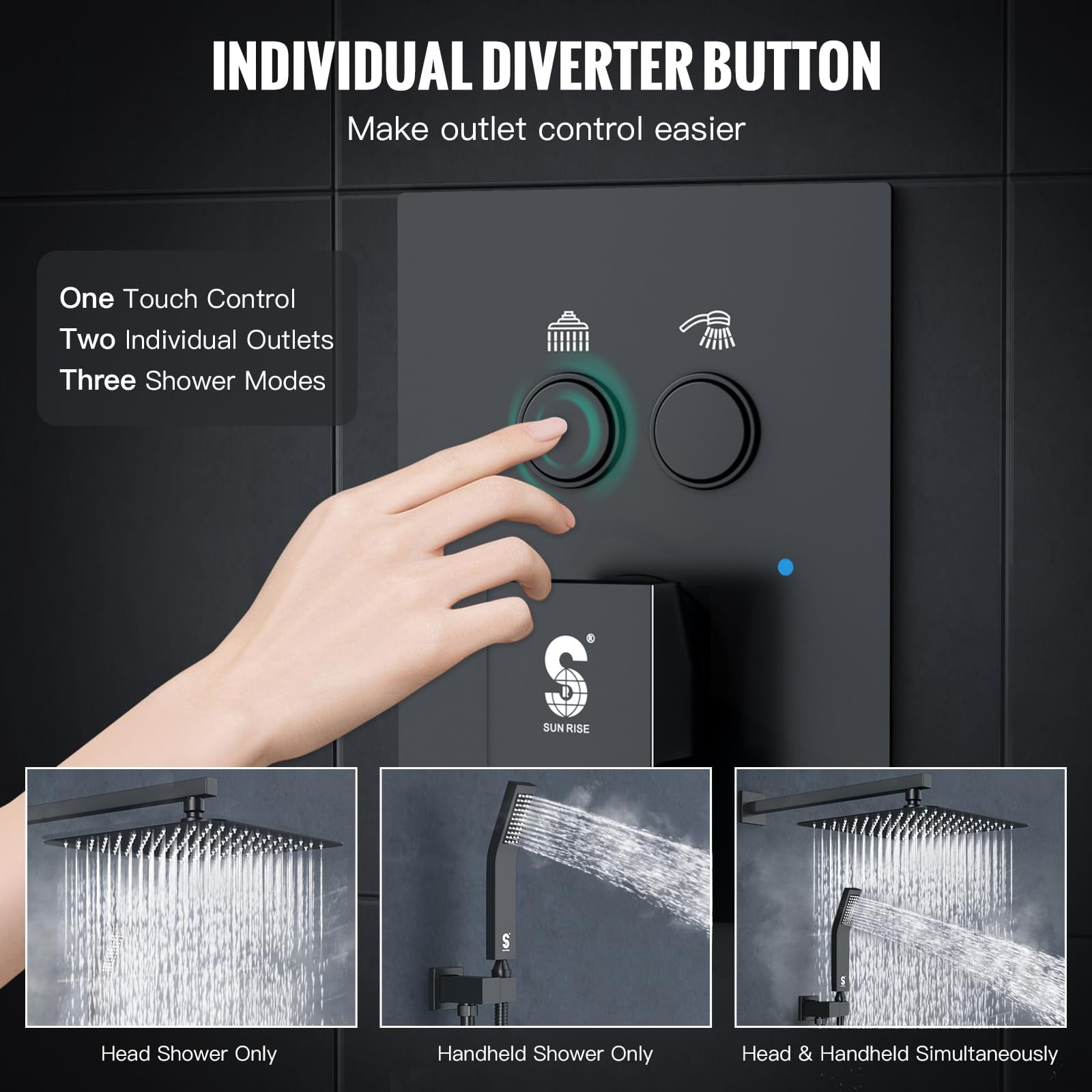 SR SUN RISE Shower System with Push Button Diverter, Wall Mounting Luxury 10 Inch Rain Shower Head with Handheld Spray, High Pressure Shower Faucet Combo Set with Rough-in Valve, Matte Black