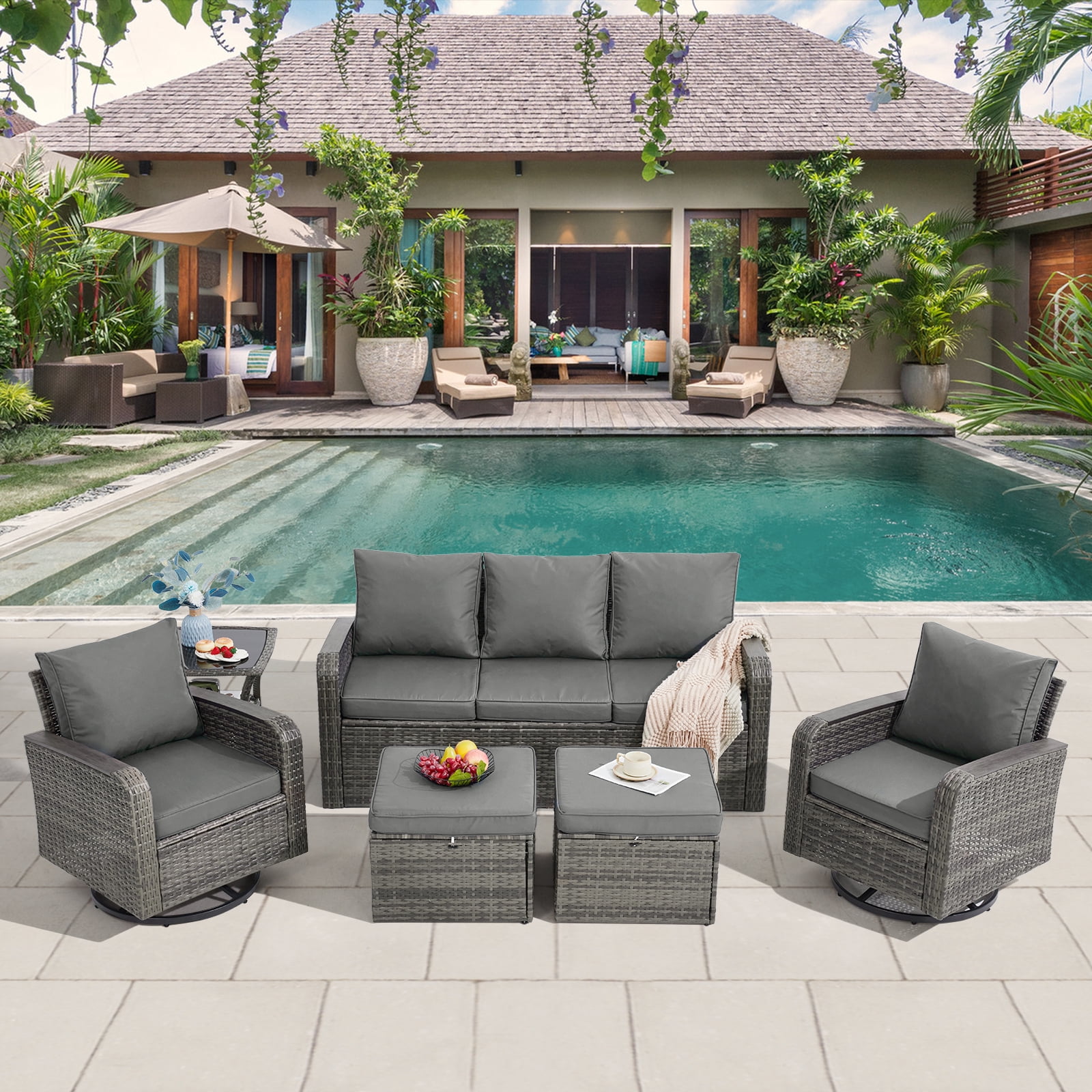 6 Pieces Wicker Patio Furniture Sets, Outdoor Conversation Set PE Rattan Sectional Sofa Couch with Swivel chairs Ideal for Indoor Porch Deck Bistro Lawn Garden Backyard Poolside-Grey