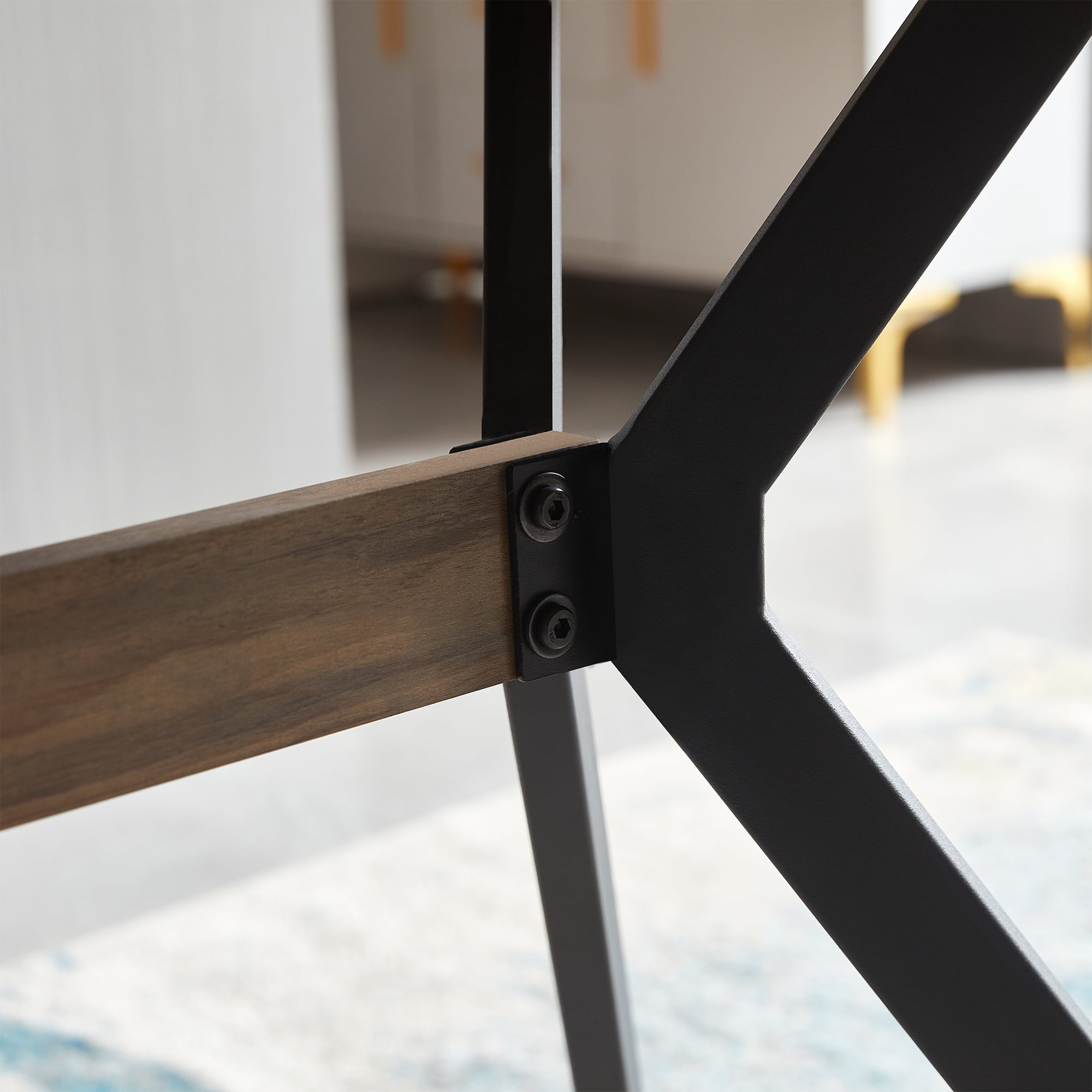 Dining Table, MDF Wooden Top Black Metal Shelf Metal Heat Transfer Legs Leveling Feet For Dining Room Kitchen Office Table