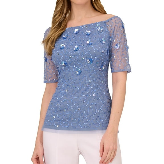 Adrianna Papell Womens Embroidered Off the Shoulder Blouse, Purple, 10