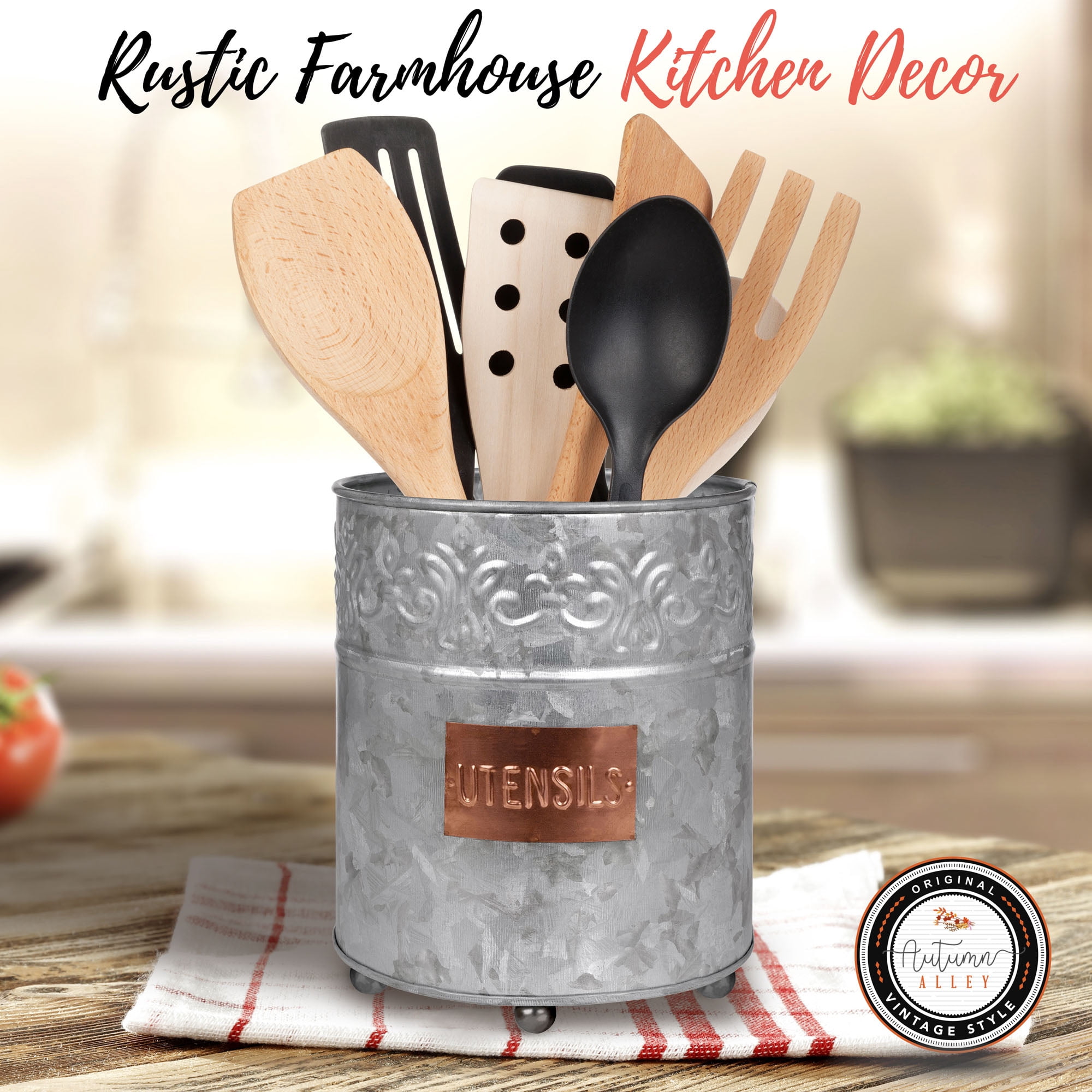 Autumn Alley Galvanized Round Utensil Holder with Embossed Copper Label
