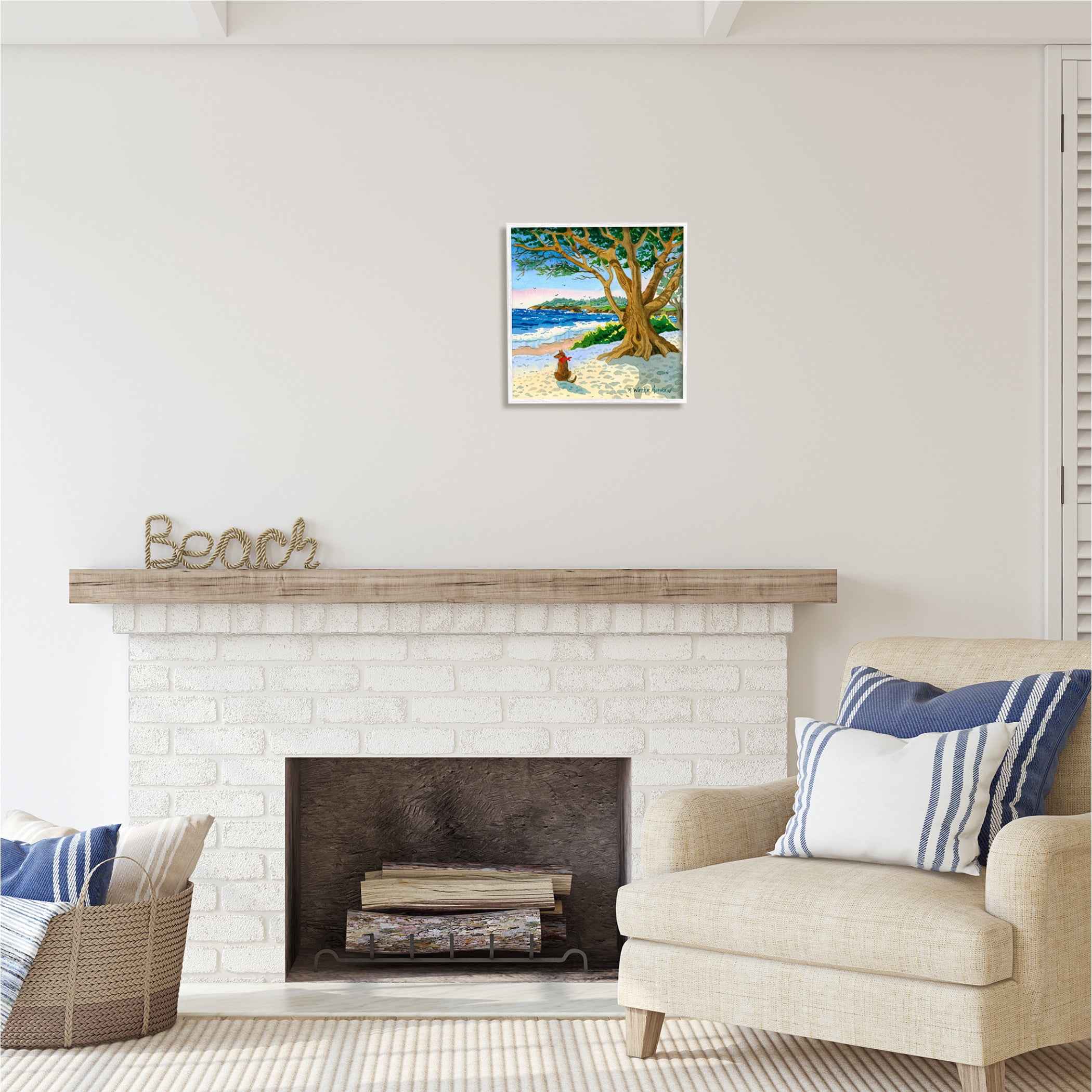 Stupell Industries Dog On Beach Painting Nature Painting White Framed Art Print Wall Art, 17 x 17
