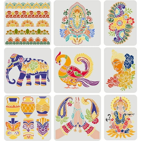 9PCS Indian Theme Stencil 2 Size Elephant God Buddha Vase Flowers Peacock Stencils DIY Henna Buddha Stencil Reusable Plastic Stencils for Painting on Wood Wall Floor Fabric Canvas DIY