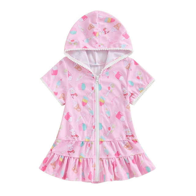 dmqupv Robe Fille Courte Adolescentes Filles Robe Confortable à Capuche à Manches Courtes Robe de Plage Filles Cache-Maillot Rose, Taille pour 2-3 Ans