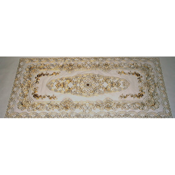 Pack of 3 Vinyl Table Runner, Placemat, Dresser or Nightstand Scarf 17x33 Inch Decorative Cut Work Floral Design Gold with White
