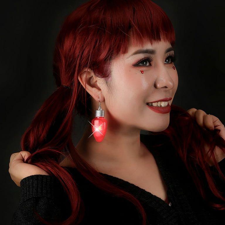 Red LED Light Bulb Dangle Drop Earrings Christmas Light Up Glow in The Dark Huggie Hook Hoop Earring for Women