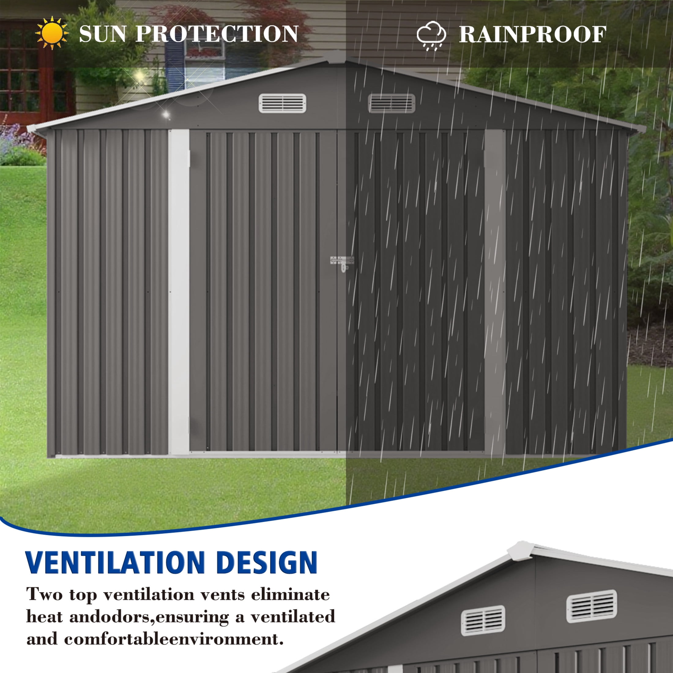 Noble House 10 x 8 FT Outdoor Metal Storage Shed with Lockable Doors, Window and Air Vents, Gray