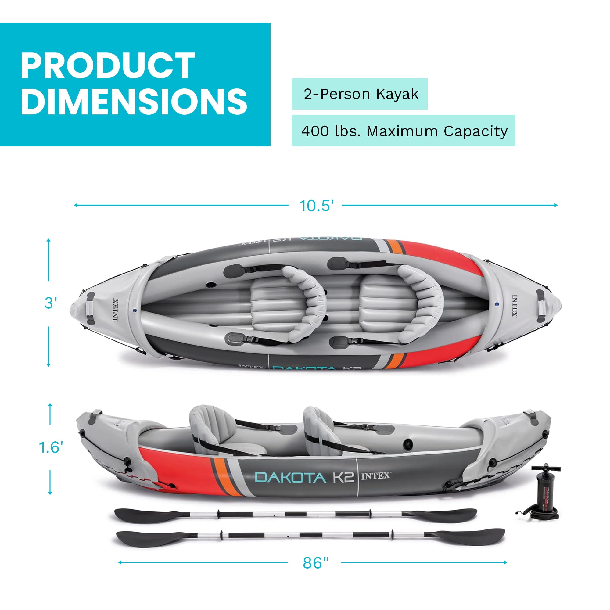 Intex Dakota K2 2 Person Inflatable Kayak & Accessory Kit w/Oars & Pump