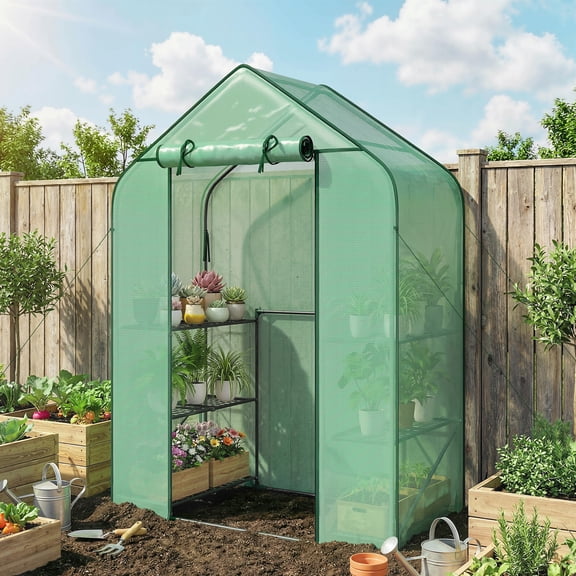 Outsunny Greenhouse for Outdoors, 6 Shelves Greenhouse with UV-Resistant PE Cover, Roll-Up Door, Green