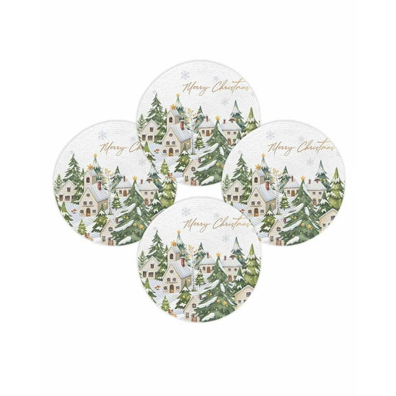 Christmas Round Placemats Set of 4 Merry Christmas Tree Place Mats Washable Woven Placemat House Animal Snowflake Circle Braided Table Mat for Kitchen Dining Table Party Home Decor 15 Inch