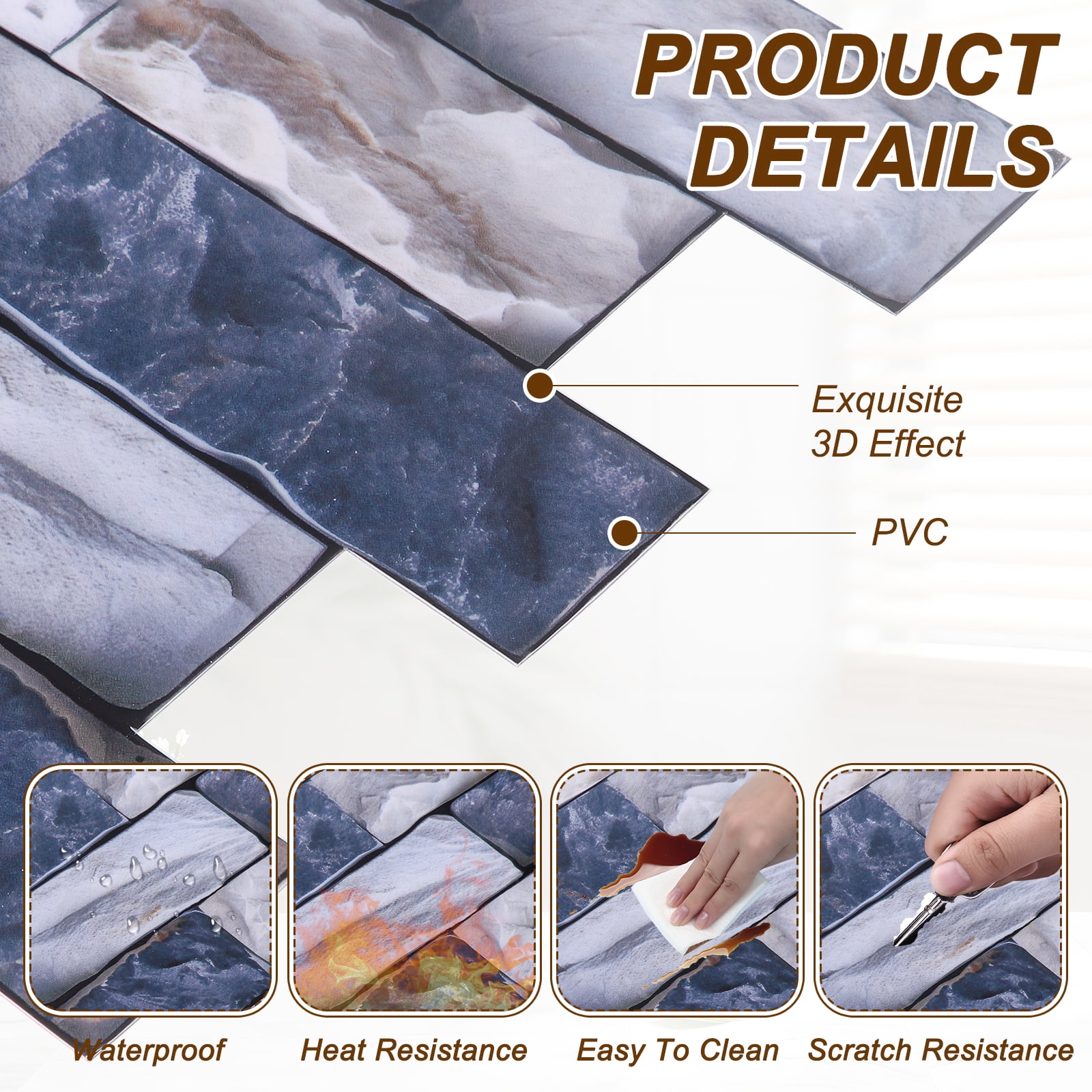 Uxcell 10Pcs Peel and Stick Backsplash Tiles 10.6" x 10.6" 3D Thickened Stone Texture Self-Adhesive Tile Stickers Wallpaper Wall for Kitchen Bathroom Bedroom, Green Gray White