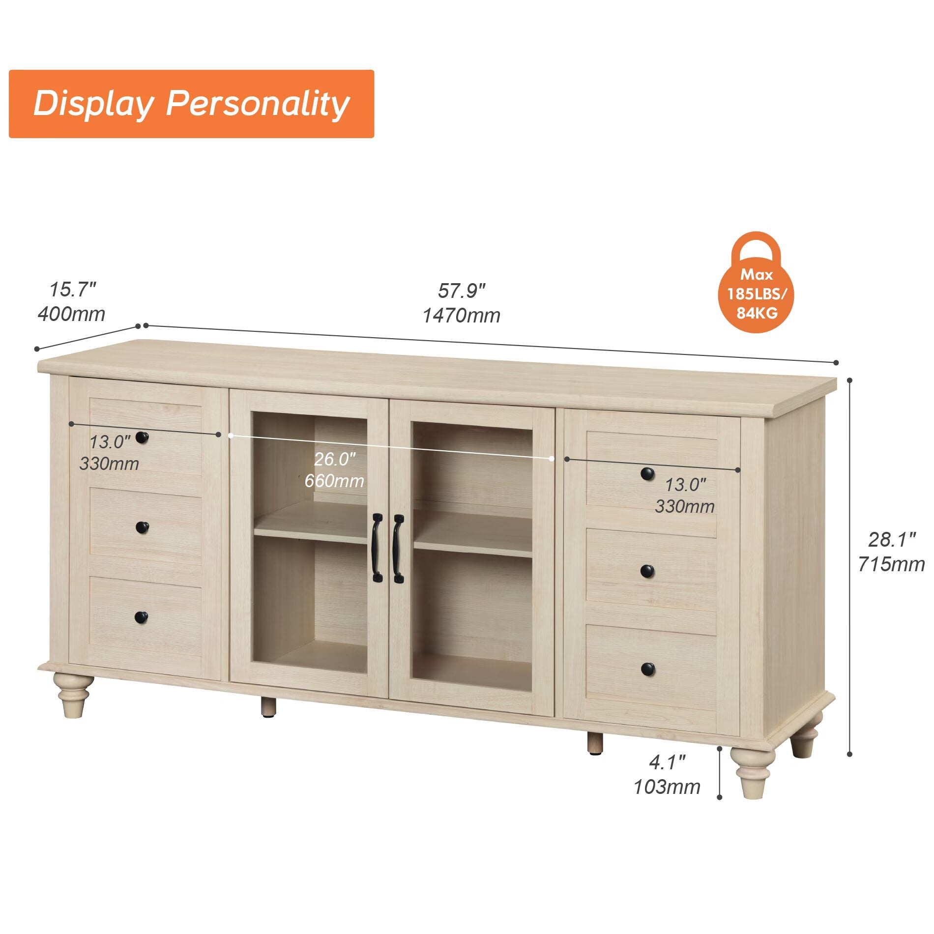 Beige Glass Door TV Stand for TVs up to 65", Farmhouse Television Stands for Living Room
