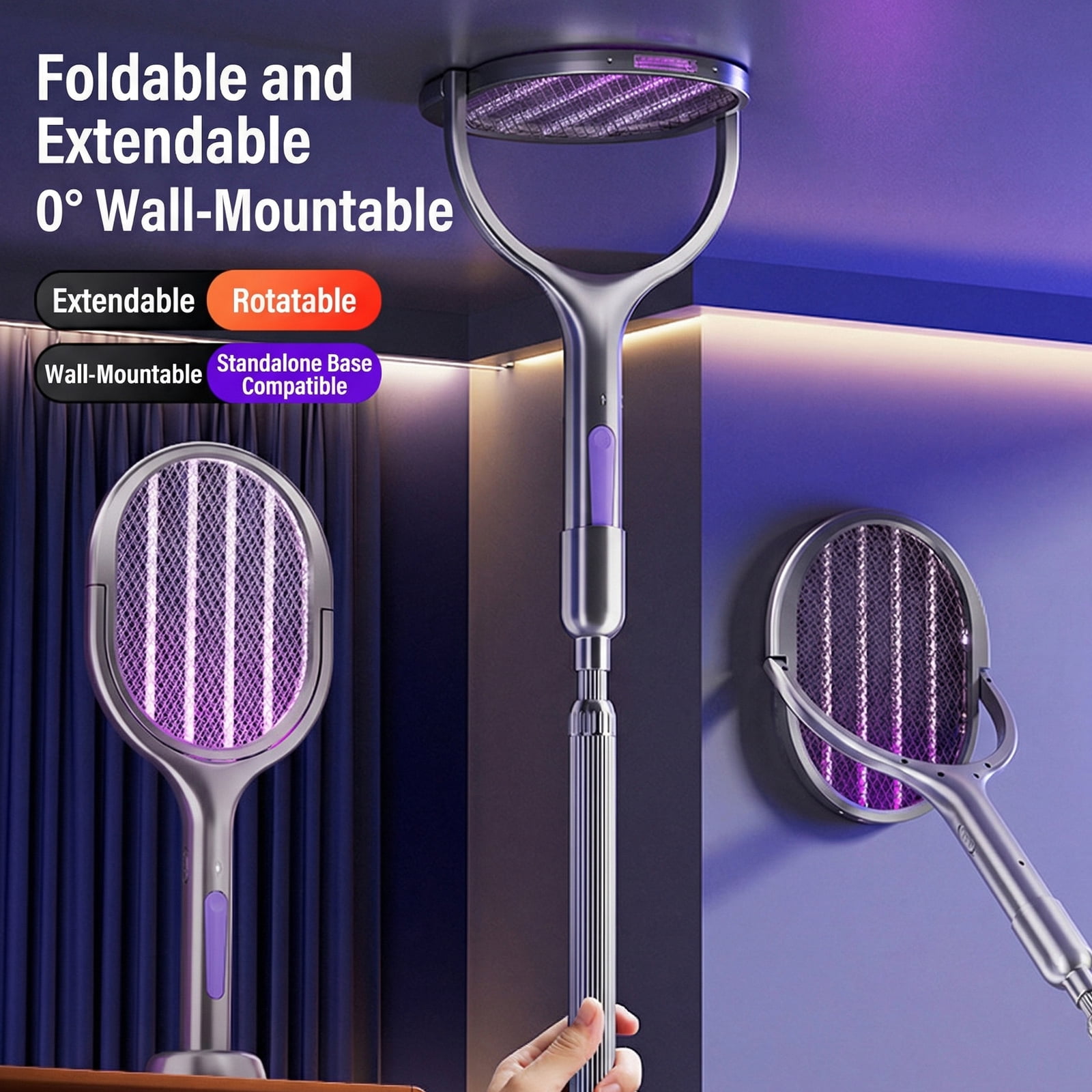Retractable Electric Mosquito Swatter,USB Rechargeable Fly Zapper Swatter with Lamp,Handheld Bug Zapper Racket for Home,Bedroom,Garden and Camping