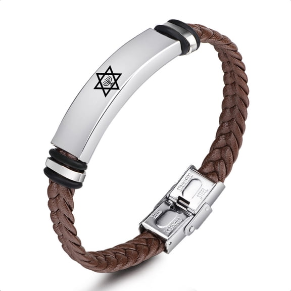 Israel Religious Leather Bracelet Star of David Menorah Candle Judaism Amulet Symbol Bangle for Men Women Jewish Messianic Bracelets, 8.26 inches, Brown