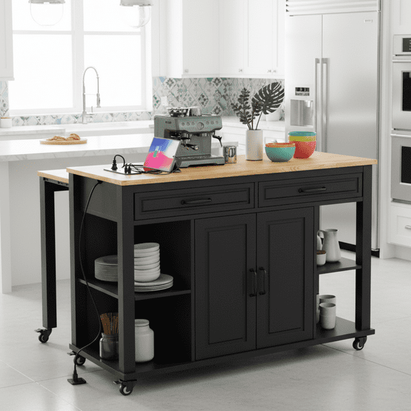 Homy Casa Kitchen Serving Cart with Extendable Table, Storage Cabinets, Drawers, Power Outlet, Black