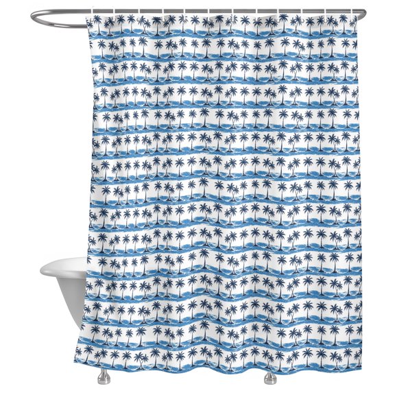 Palm Tree Stripes Shower Curtain, Coastal Minimalist Nautical Tropical Navy Blue Lightweight Waterproof Fabric Shower Curtain with Rustproof Grommets for Bathroom Bathtub 60x72in