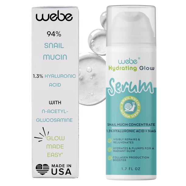 WEBE Naturals Snail Mucin 94% suero hidratante brillante | 1,3% de ácido hialurónico y N-acetilglucosamina | Suero hidratante intenso antienvejecimiento potenciador de colágeno para una piel radiante