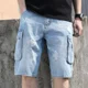 thumbnail image 5 of Pantalones cortos vaqueros rectos para hombre con bolsillos, pantalones vaqueros cortos holgados para hombre, pantalones anchos sueltos, ropa de calle emo, moda Y2k, botones azules retro, 5 of 5