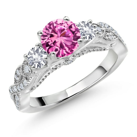 Gem Stone King 925 Sterling Silver Pink Created Sapphire White Created Sapphire and White Moissanite Engagement Ring for Women (1.53 Cttw, Gemstone September Birthstone, Round 6MM and 3MM, Size 6)