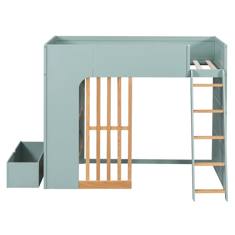 Twin Size Kids Loft Bed with Shelves, Wooden High Profile Teens Storage Bed Frame with Ladder and Removable Large Drawer