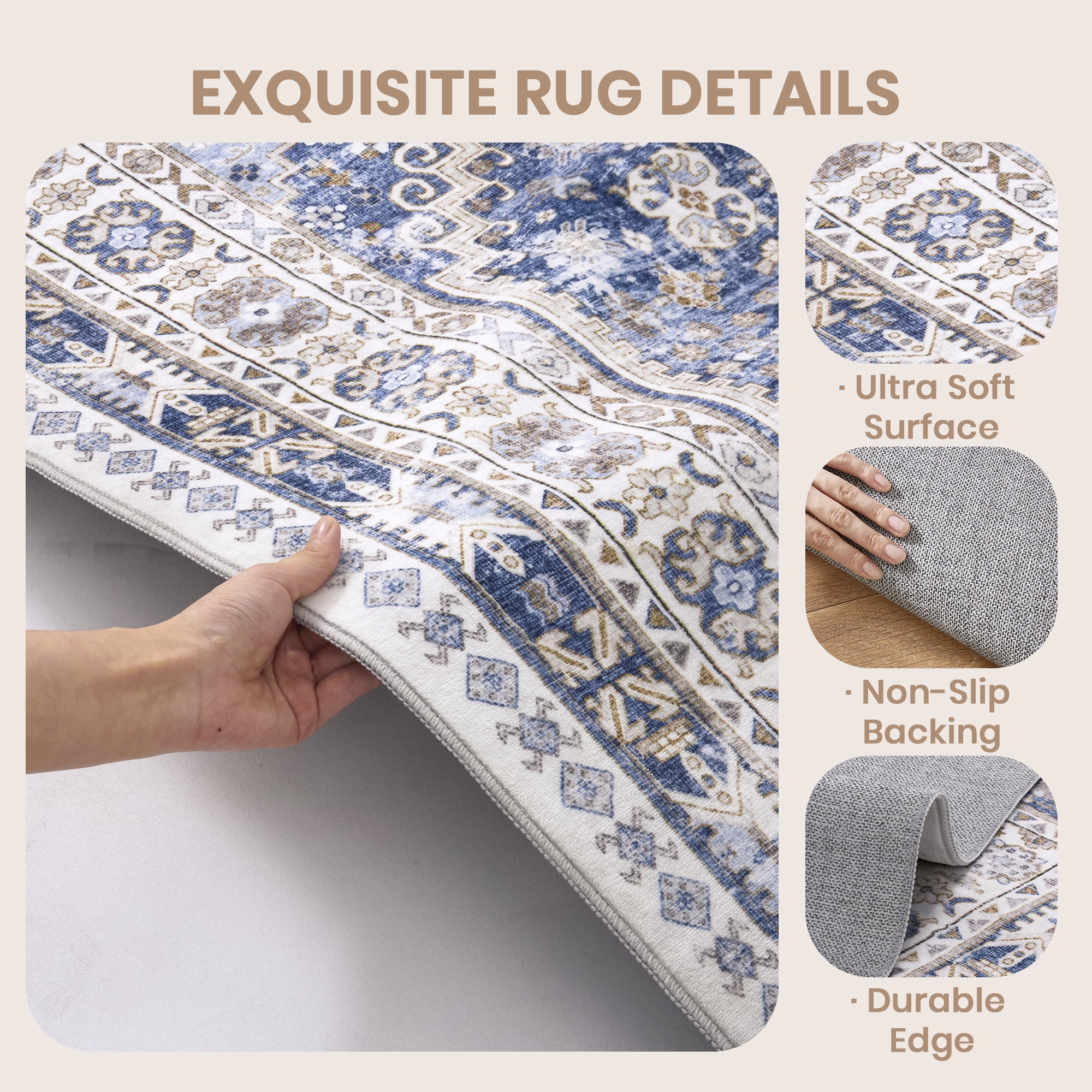Roxstand 8x10 Area Rugs for Living Room, Vintage Large Area Rug, Non-Slip Backing Washable Rug, Stain Resistant Home Decor Rug (8'x10', Blue)