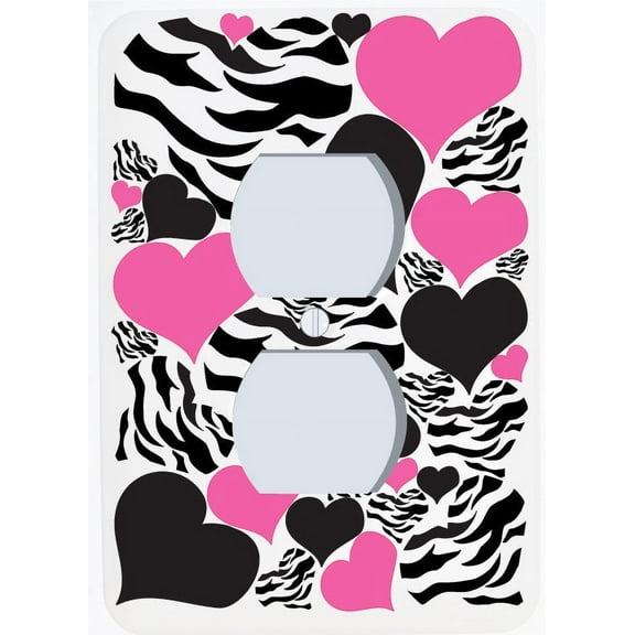 Zebra Print Hearts Light Switch Plate Covers / Childrens Wall Decor in Hot Pink and Black