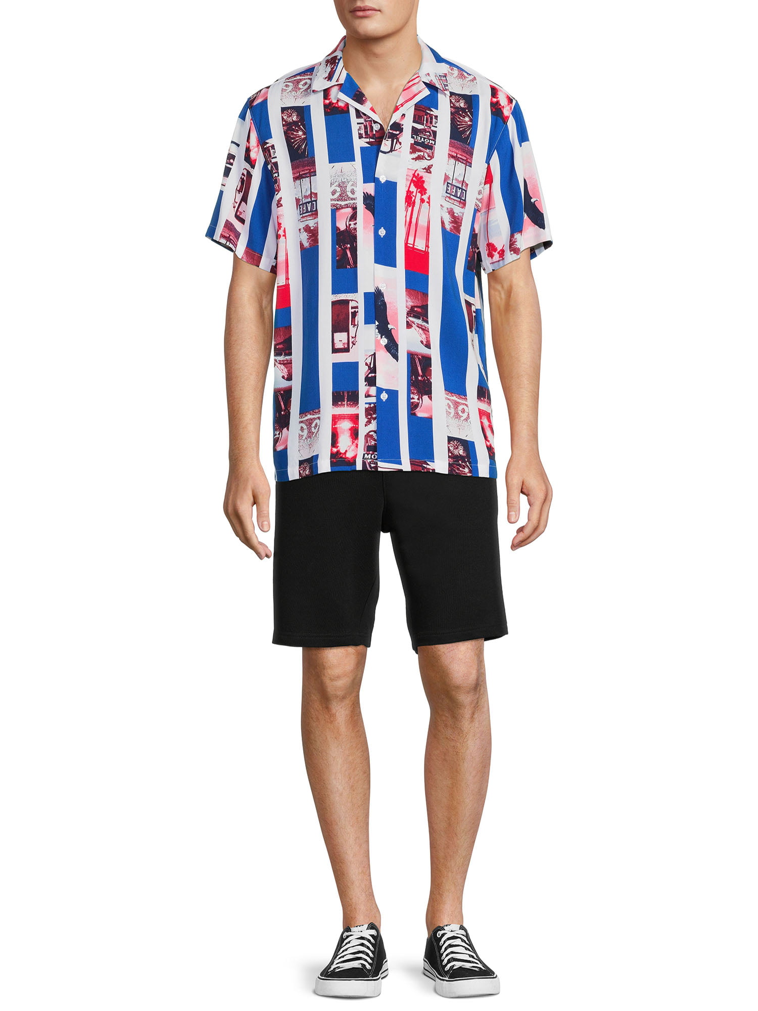 No Boundaries Americana Diagonal Line Mens Short Sleeve Rayon Resort Shirt  2XL