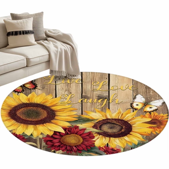 Sunflower Brown Wooden Large Area Rugs for Bedroom Living Room, Soft Non Slip Carpet Bedside Rug, Vintage Flowers Butterfly Round Floor Cover Kitchen Accent Rug 4' for Dining Room/Office