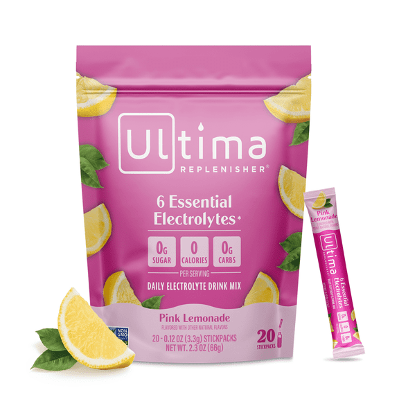 Ultima Replenisher Hydration Electrolyte Drink Mix Powder Packets, Sugar-Free Pink Lemonade, 20 Ct