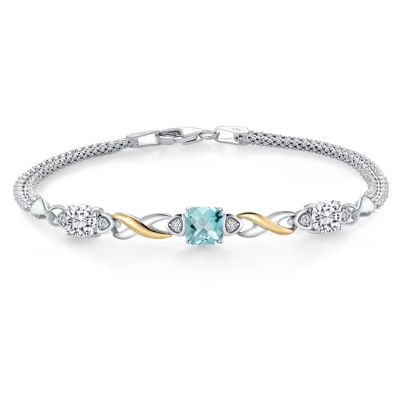 925 Silver and 10K Yellow Gold Sky Blue Topaz and White Moissanite and White Lab Grown Diamond Bracelet for Women (2.45 Cttw, November Birthstone, Cushion Checkerboard 6MM, 6.5 inches, Made in Italy)