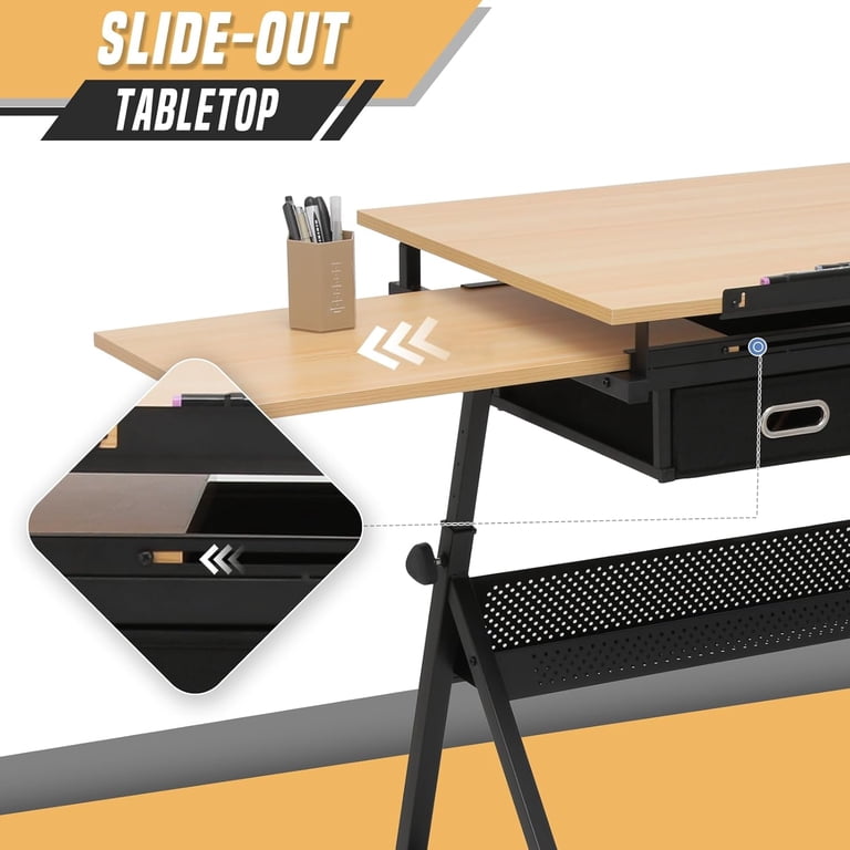 Adjustable Drafting Table & Stool Set - Art Desk With Slide-Out Table And Storage, Height & Angle Adjustable
