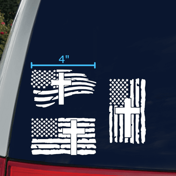 American Flag with Cross Vinyl Decal 3 Pack: Christian Jesus US Flag Decals for Cars, Trucks, Laptops, Window Decals