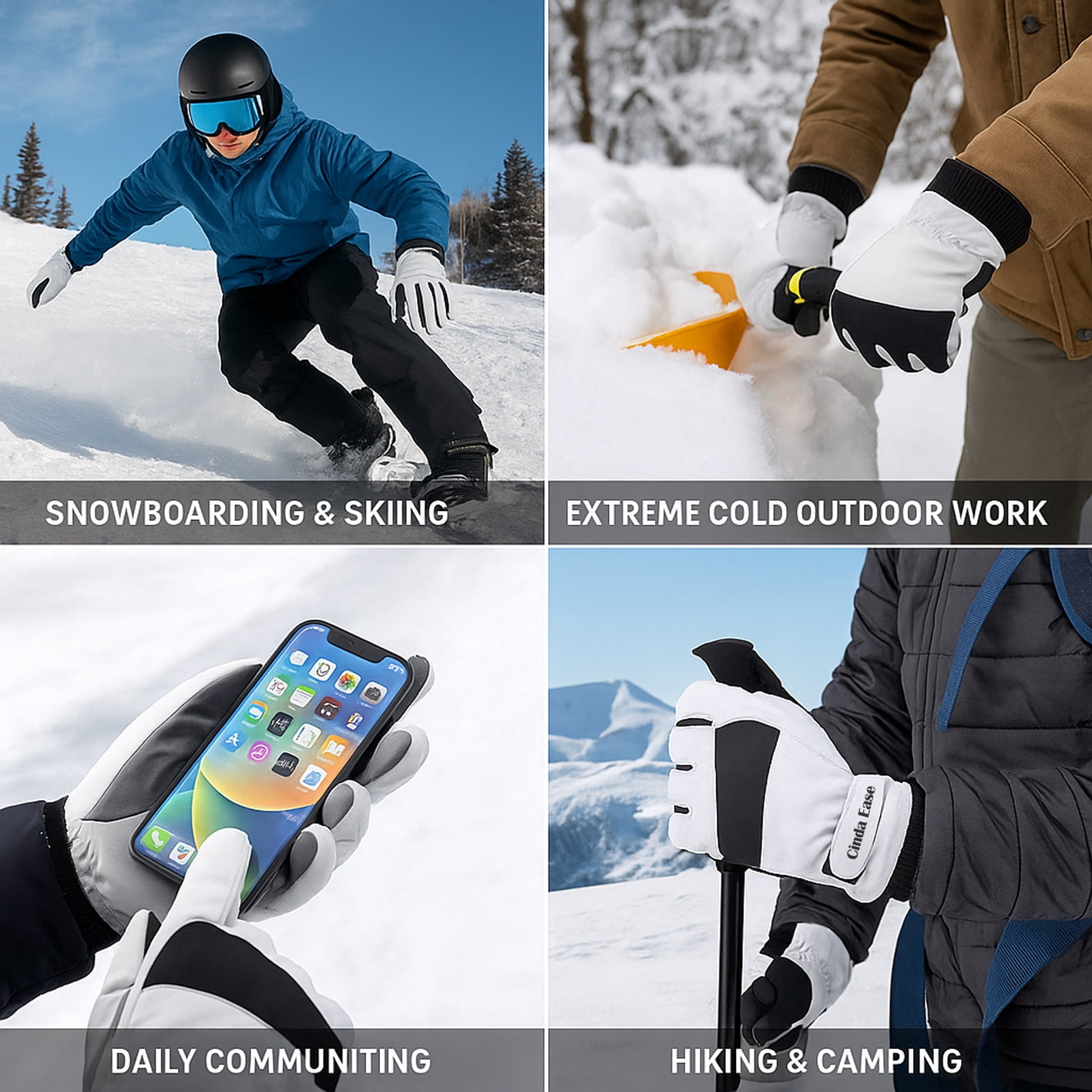 Cinda Ease Waterproof Ski Gloves for Men & Women, Thermal Winter Snow Gloves with Touchscreen Fingertips, Anti-Lost Buckle, Windproof Adjustable Cuff for Snowboarding & Outdoor Sports