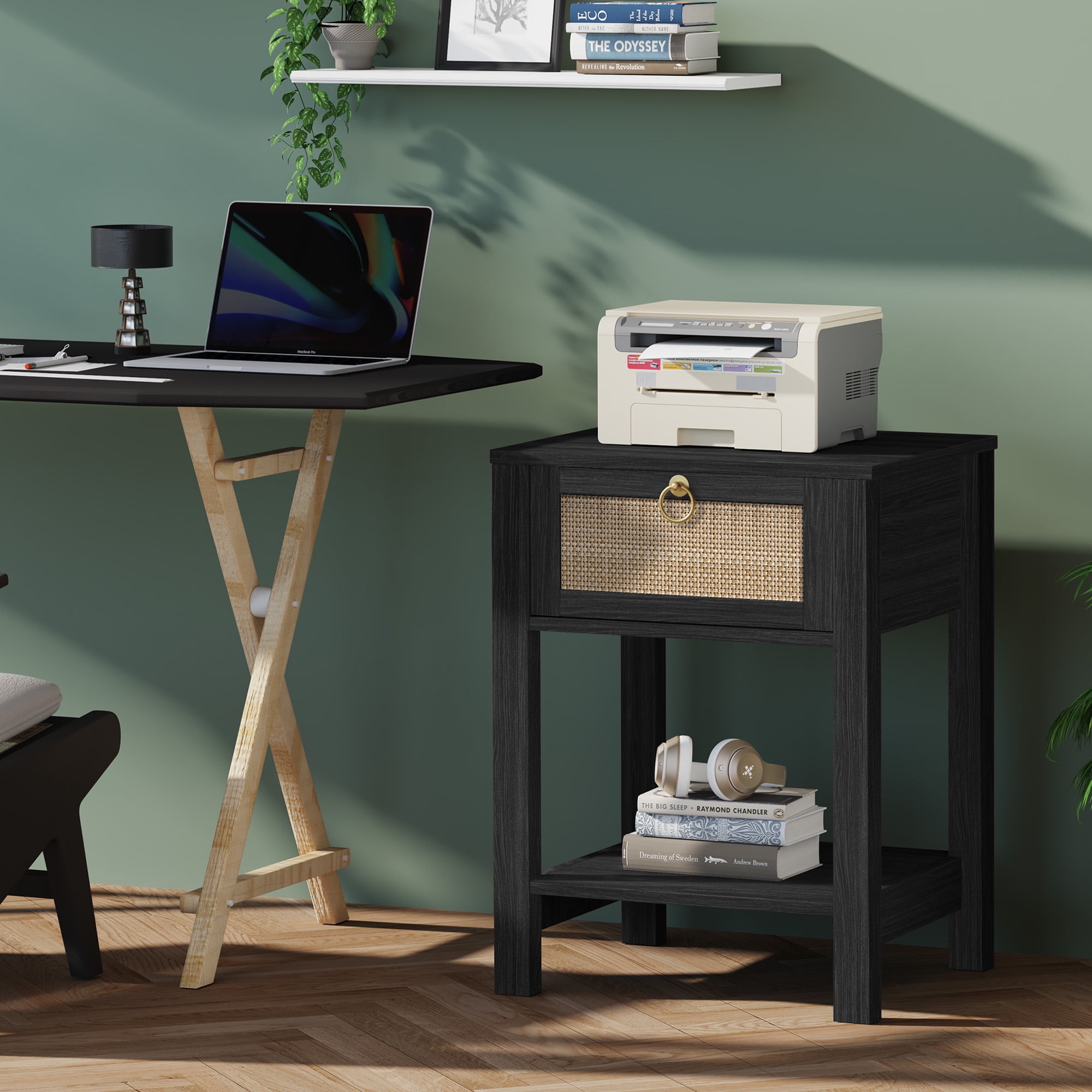 SICOTAS Rattan Nightstands Set of 2, Black Farmhouse Boho End Side Table with Drawers, Engineered Wood Accent Bedside Table for Bedroom, Living Room